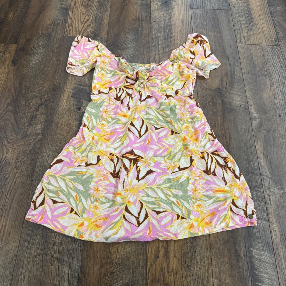 Roxy Womens Floral Mini Dress Pink Yellow Tropical Smocked Back Size Medium